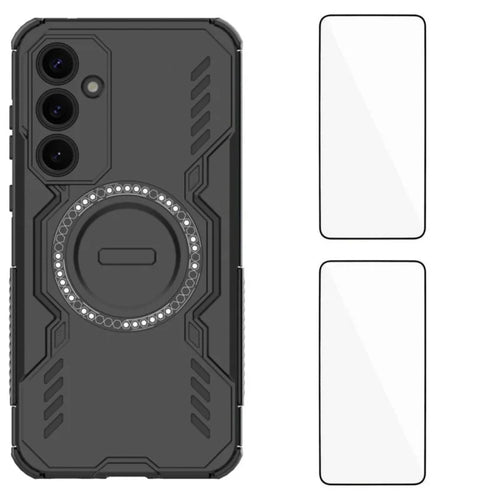 WANLONFENG For Samsung Galaxy A35 5G Magnetic Case  DJ Series PC TPU Phone Cover with 2Pcs Tempered Glass Film - Black - 1