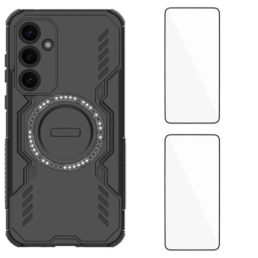 WANLONFENG For Samsung Galaxy A35 5G Magnetic Case  DJ Series PC TPU Phone Cover with 2Pcs Tempered Glass Film - Black - 1