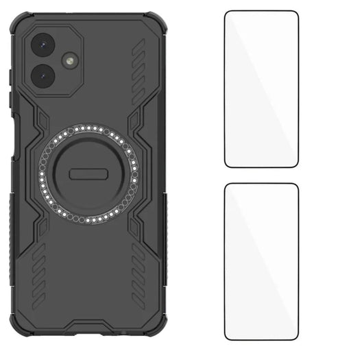 WANLONFENG For Samsung Galaxy A08 4G / A07 4G Magnetic Case  DJ Series PC TPU Phone Cover with 2Pcs Tempered Glass Film - Black - 1