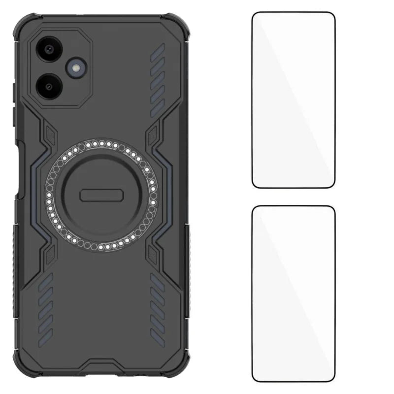 WANLONFENG For Samsung Galaxy A06 4G Magnetic Case  DJ Series PC TPU Phone Cover with 2Pcs Tempered Glass Film - Black - 1
