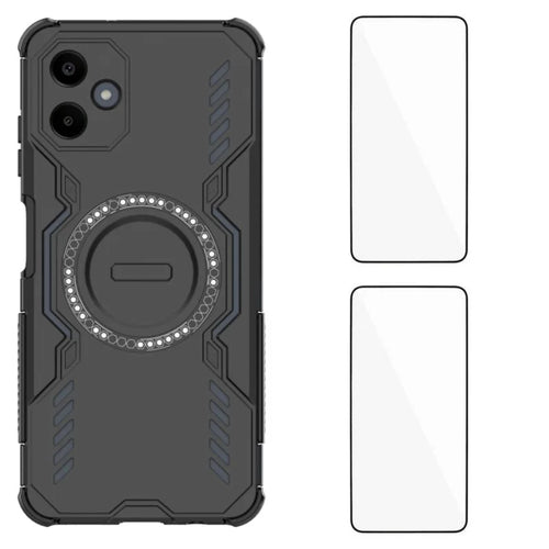 WANLONFENG For Samsung Galaxy A06 4G Magnetic Case  DJ Series PC TPU Phone Cover with 2Pcs Tempered Glass Film - Black - 1