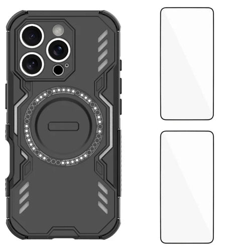 WANLONFENG For iPhone 16 Pro Max Magnetic Case  DJ Series PC TPU Phone Cover with 2Pcs Tempered Glass Film - Black - 1