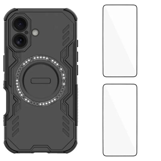 WANLONFENG For iPhone 16 Magnetic Case  DJ Series PC TPU Phone Cover with 2Pcs Tempered Glass Film - Black - 1