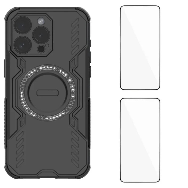 WANLONFENG For iPhone 15 Pro Max Magnetic Case  DJ Series PC TPU Phone Cover with 2Pcs Tempered Glass Film - Black - 1