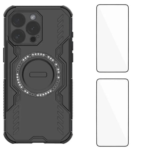 WANLONFENG For iPhone 15 Pro Magnetic Case  DJ Series PC TPU Phone Cover with 2Pcs Tempered Glass Film - Black - 1