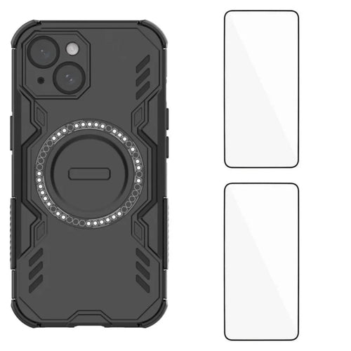 WANLONFENG For iPhone 15 Magnetic Case  DJ Series PC TPU Phone Cover with 2Pcs Tempered Glass Film - Black - 1