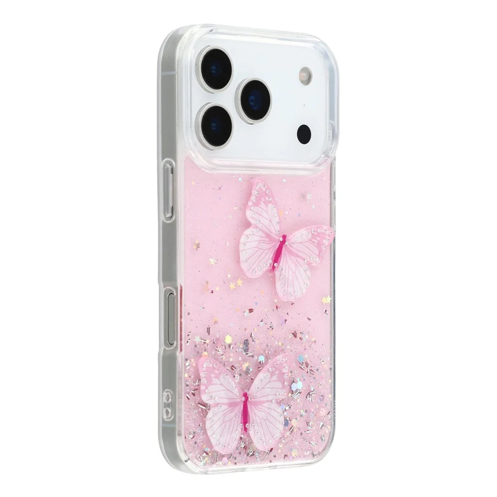 For iPhone 17 Pro Case Epoxy PVC Butterfly TPU Aesthetics Phone Cover - Pink - 1