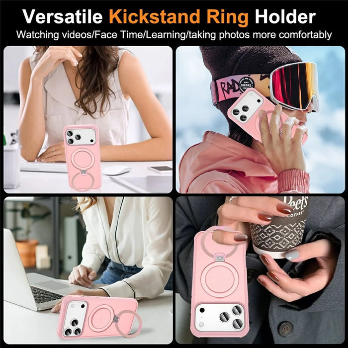 For iPhone 17 Pro Case Compatible with MagSafe Ring Holder Kickstand TPU + PC Phone Cover - Pink - 6