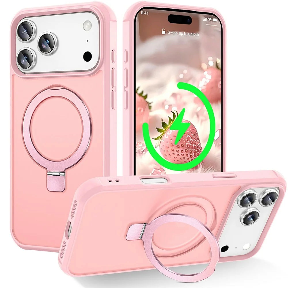 For iPhone 17 Pro Max Case Compatible with MagSafe Ring Holder Kickstand TPU + PC Phone Cover - Pink - 1