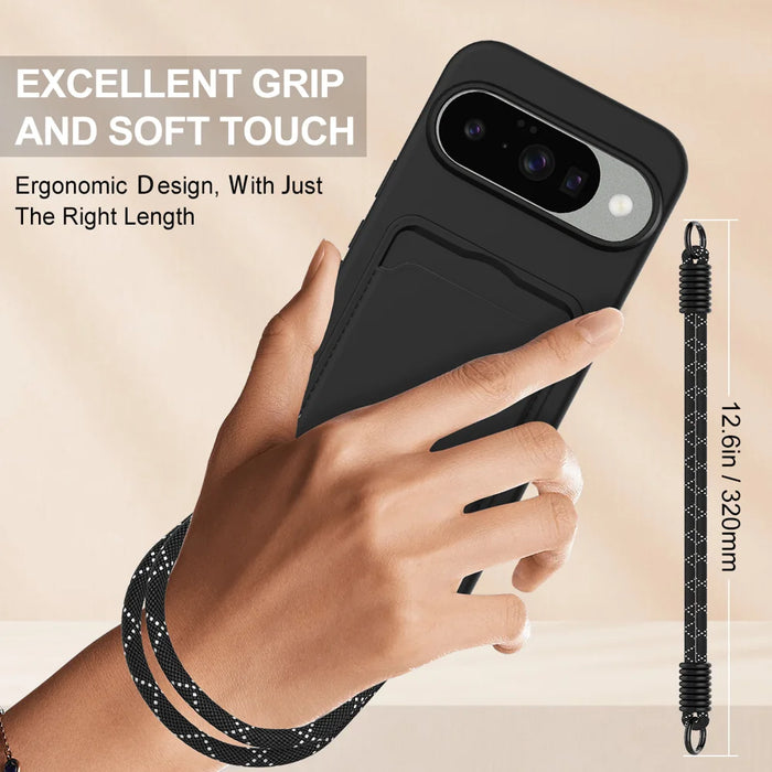 For Google Pixel 10 Liquid Silicone Case  Phone Back Cover with Card Holder and Short Strap - Black - 3