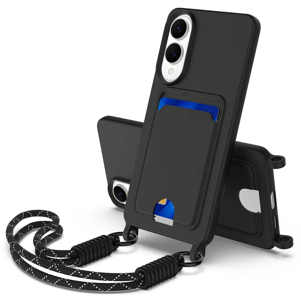 For Samsung Galaxy S25 Edge Liquid Silicone Case  Phone Back Cover with Card Holder and Short Strap - Black - 1
