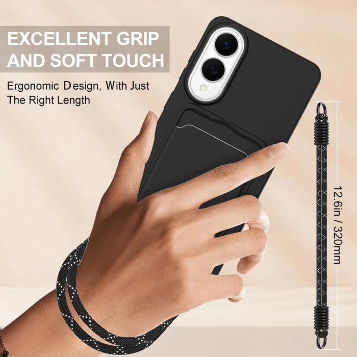 For Samsung Galaxy S25 Edge Liquid Silicone Case  Phone Back Cover with Card Holder and Short Strap - Black - 3