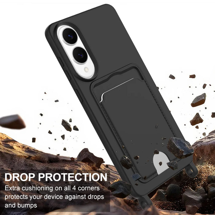 For Samsung Galaxy S25 Edge Liquid Silicone Case  Phone Back Cover with Card Holder and Short Strap - Black - 5