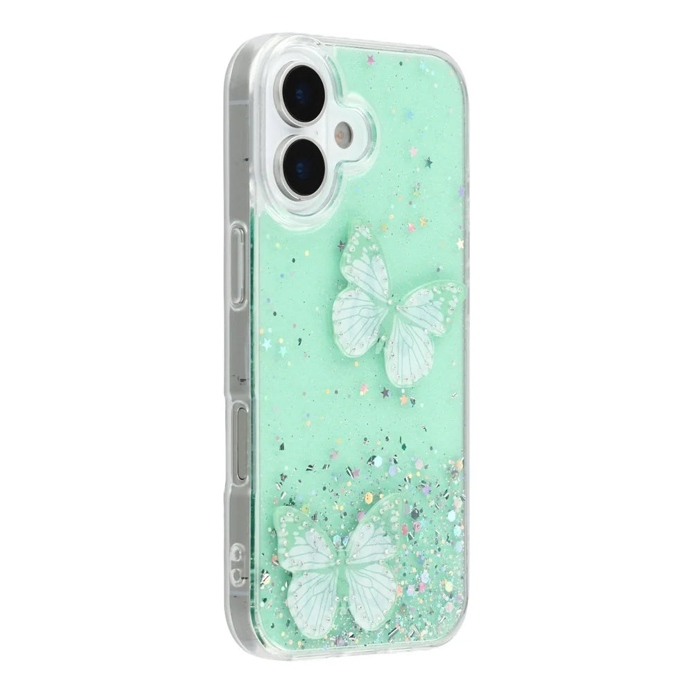 For iPhone 17 Case Epoxy PVC Butterfly TPU Aesthetics Phone Cover - Green - 1