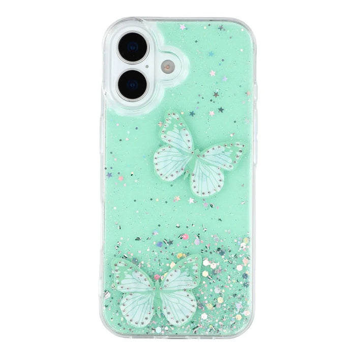 For iPhone 17 Case Epoxy PVC Butterfly TPU Aesthetics Phone Cover - Green - 3