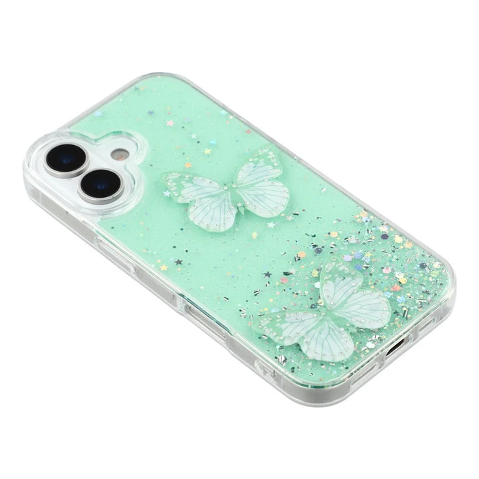 For iPhone 17 Case Epoxy PVC Butterfly TPU Aesthetics Phone Cover - Green - 4