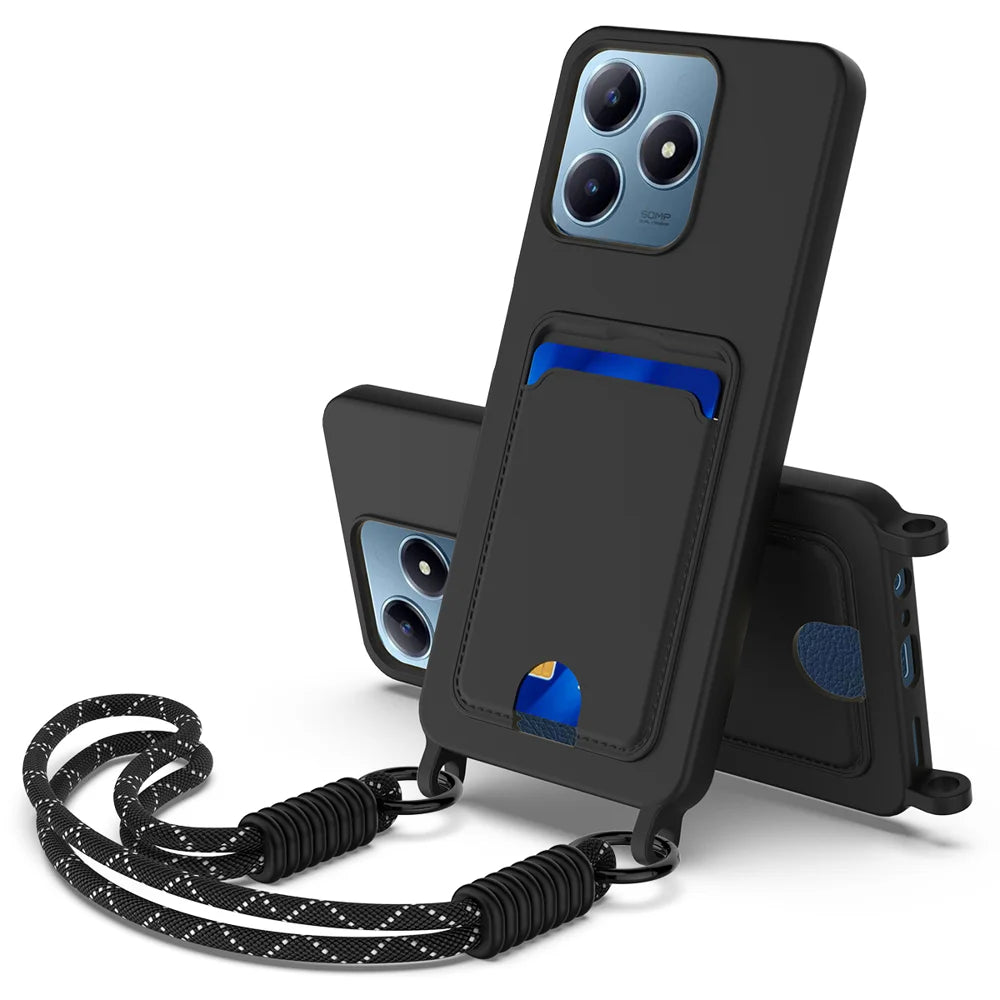 For Realme Note 60 / Realme Note 60x 4G / Realme C61 4G / Realme C61 (India) 4G / Realme Narzo N63 4G / Realme C63 4G Liquid Silicone Case  Phone Back Cover with Card Holder and Short Strap - Black - 1