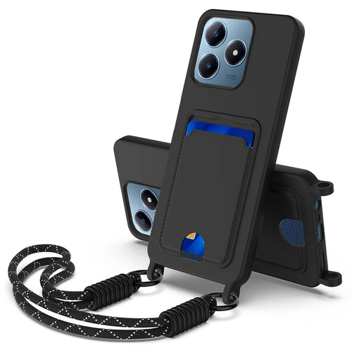 For Realme Note 60 / Realme Note 60x 4G / Realme C61 4G / Realme C61 (India) 4G / Realme Narzo N63 4G / Realme C63 4G Liquid Silicone Case  Phone Back Cover with Card Holder and Short Strap - Black - 1