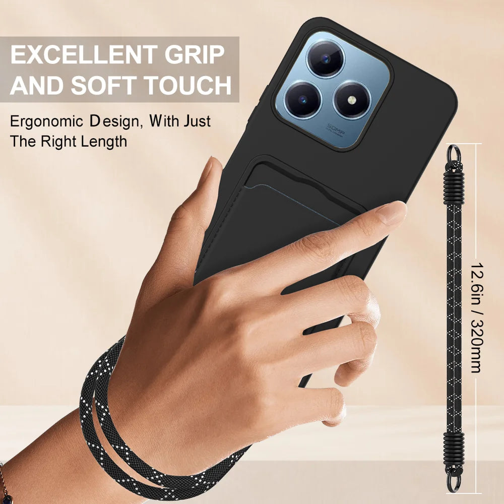 For Realme Note 60 / Realme Note 60x 4G / Realme C61 4G / Realme C61 (India) 4G / Realme Narzo N63 4G / Realme C63 4G Liquid Silicone Case  Phone Back Cover with Card Holder and Short Strap - Black - 3