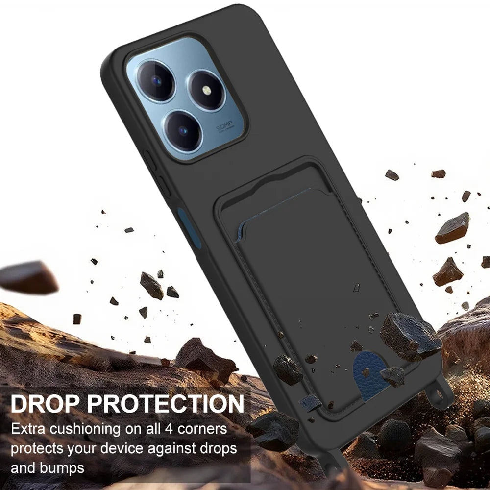 For Realme Note 60 / Realme Note 60x 4G / Realme C61 4G / Realme C61 (India) 4G / Realme Narzo N63 4G / Realme C63 4G Liquid Silicone Case  Phone Back Cover with Card Holder and Short Strap - Black - 5