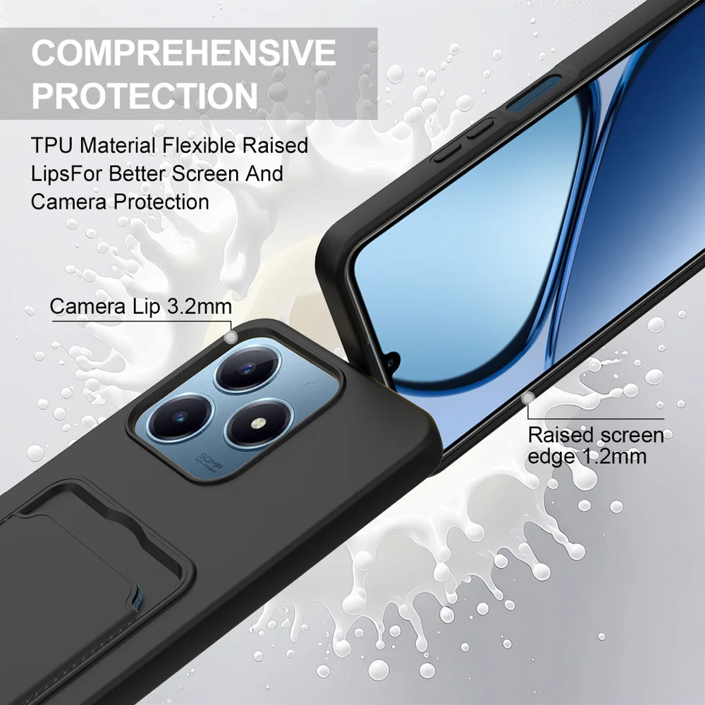 For Realme Note 60 / Realme Note 60x 4G / Realme C61 4G / Realme C61 (India) 4G / Realme Narzo N63 4G / Realme C63 4G Liquid Silicone Case  Phone Back Cover with Card Holder and Short Strap - Black - 7