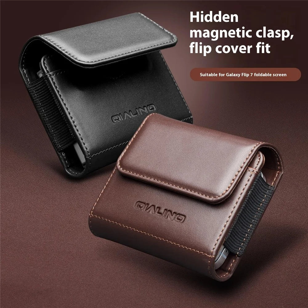 QIALINO For Universal  Flip Phones Leather Waist Pack Multi-Functional Belt Pouch Phone Storage Bag - Brown - 4