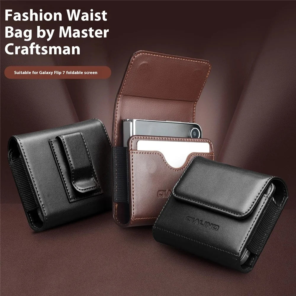 QIALINO For Universal  Flip Phones Leather Waist Pack Multi-Functional Belt Pouch Phone Storage Bag - Brown - 6