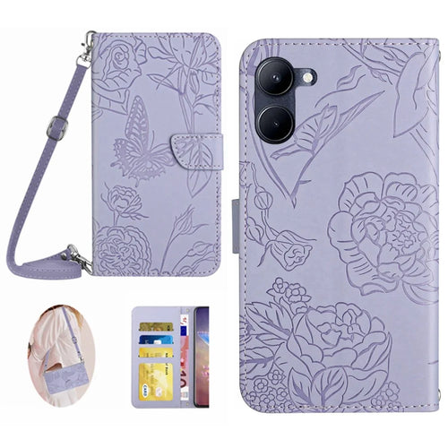For Realme C33 2023 4G / C33 4G HT03 Imprinted Butterfly Flowers Magnetic Phone Case Skin-touch PU Leather Stand Wallet Flip Cover with Shoulder Strap - Light Purple - 1