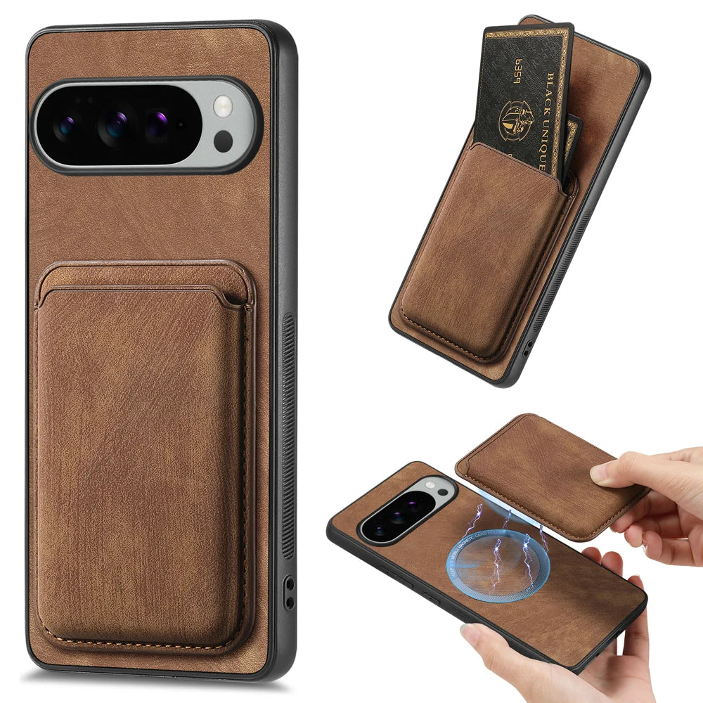 For Google Pixel 10 Pro XL Case Magnetic Case Leather Back Cover with Detachable Card Holder - Brown - 1