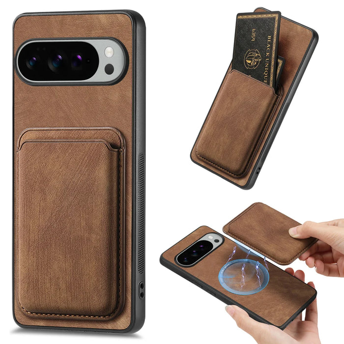 For Google Pixel 10 Pro XL Case Magnetic Case Leather Back Cover with Detachable Card Holder - Brown - 1