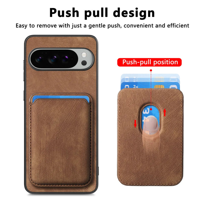 For Google Pixel 10 Pro XL Case Magnetic Case Leather Back Cover with Detachable Card Holder - Brown - 5
