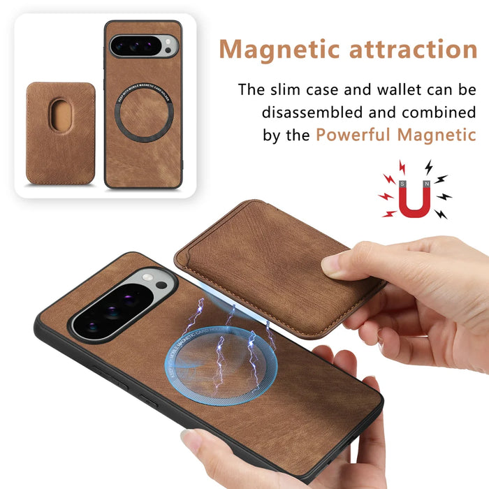 For Google Pixel 10 Pro XL Case Magnetic Case Leather Back Cover with Detachable Card Holder - Brown - 6