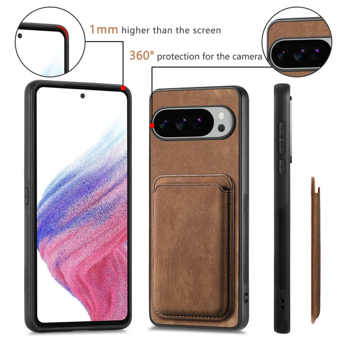 For Google Pixel 10 Pro XL Case Magnetic Case Leather Back Cover with Detachable Card Holder - Brown - 7