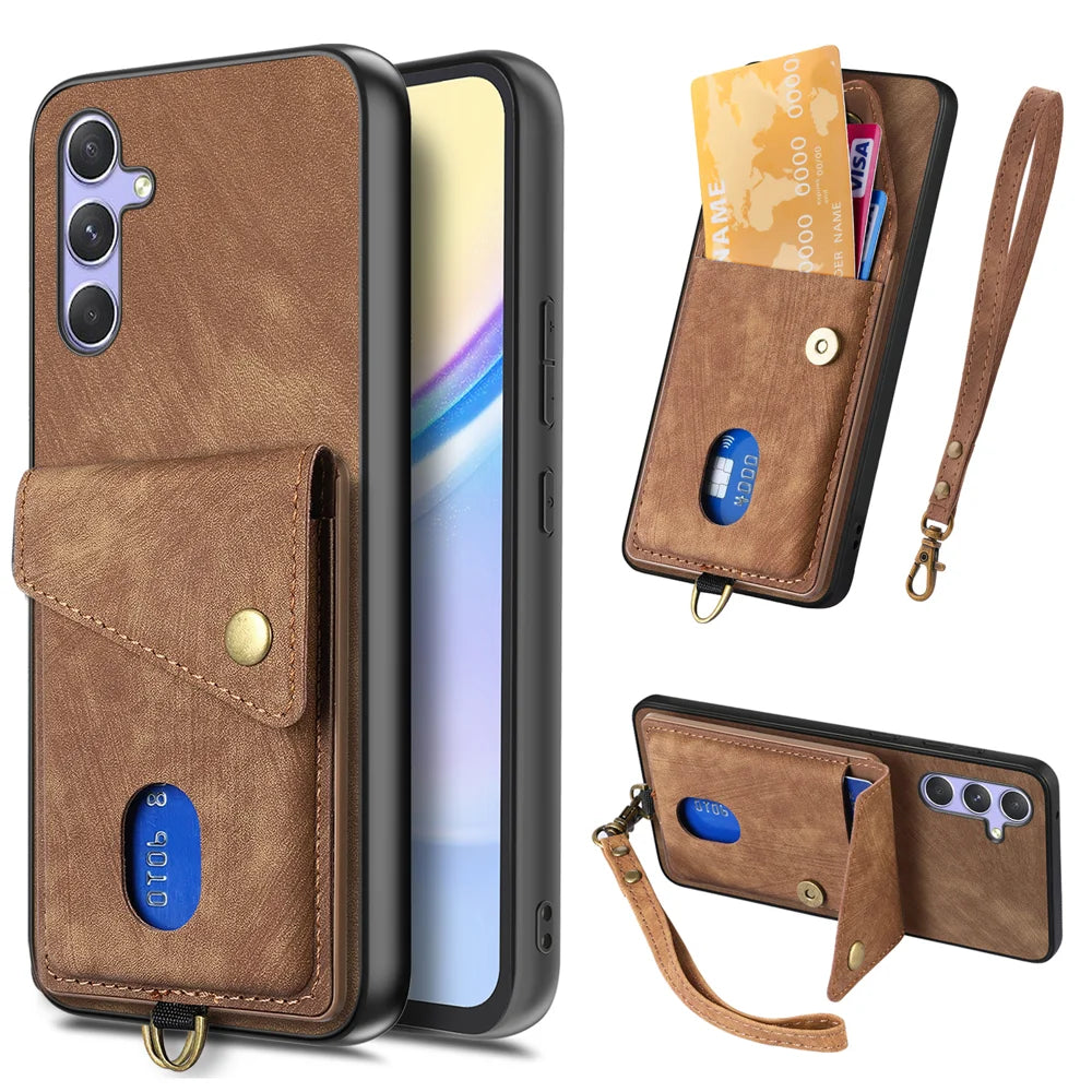 For Samsung Galaxy A18 5G / A18 4G / A17 5G / A17 4G Case with Card Holder Kickstand Leather Phone Back Cover - Brown - 1