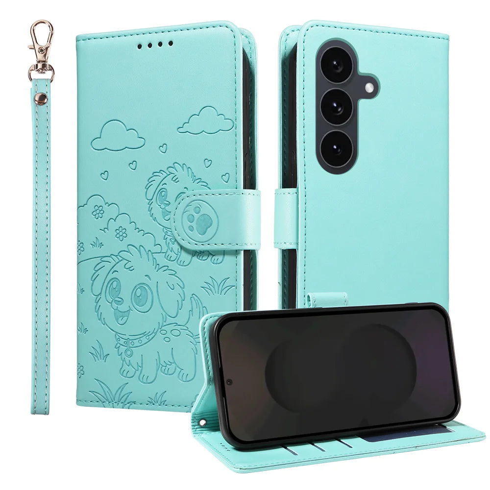 For Samsung Galaxy S25 FE Case RFID Blocking Imprint Dog Pattern PU Leather Phone Cover with Wrist Strap - Green - 1
