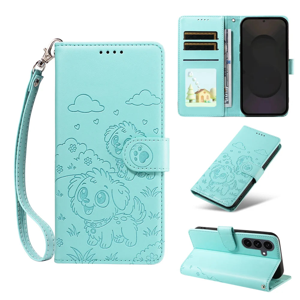 For Samsung Galaxy S25 FE Case RFID Blocking Imprint Dog Pattern PU Leather Phone Cover with Wrist Strap - Green - 2