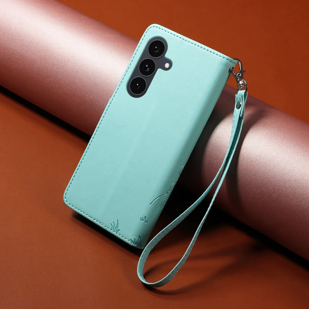 For Samsung Galaxy S25 FE Case RFID Blocking Imprint Dog Pattern PU Leather Phone Cover with Wrist Strap - Green - 3