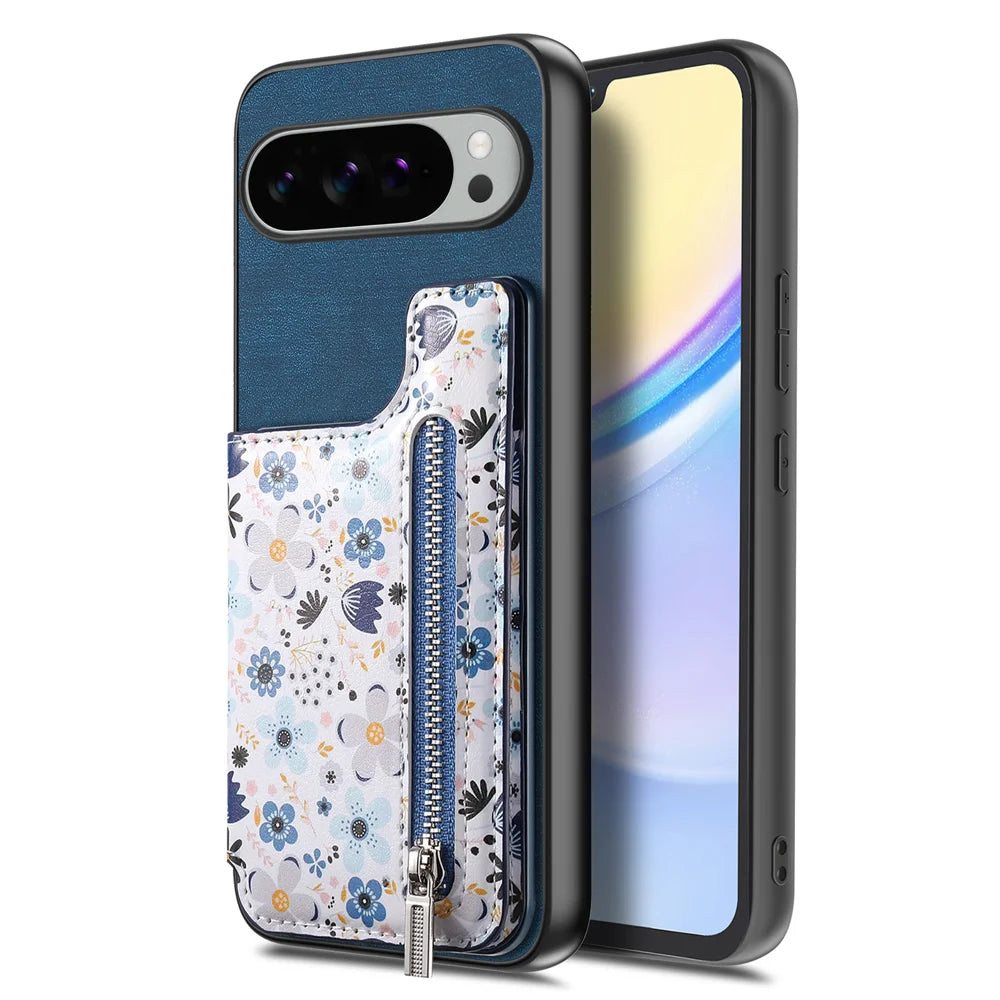For Google Pixel 10 Pro XL Leather Phone Cover with RFID Blocking Zipper Card Bag Kickstand - Blue - 1