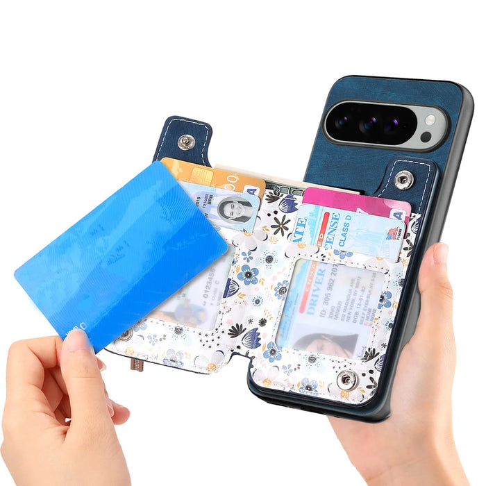 For Google Pixel 10 Pro XL Leather Phone Cover with RFID Blocking Zipper Card Bag Kickstand - Blue - 2