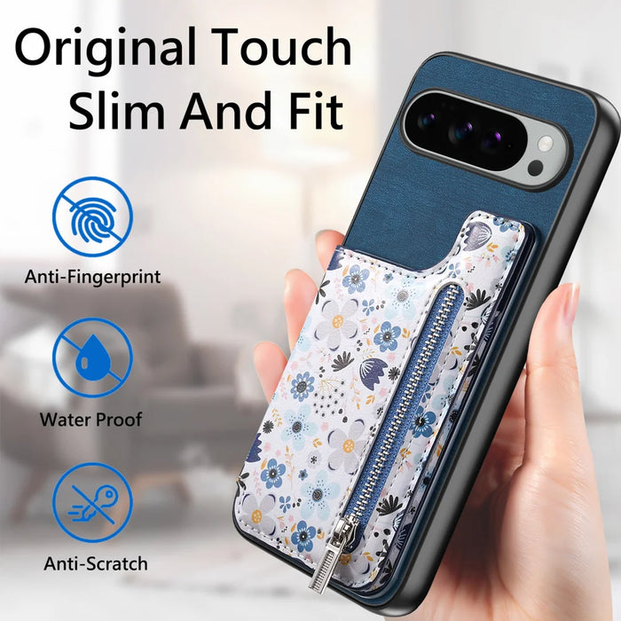 For Google Pixel 10 Pro XL Leather Phone Cover with RFID Blocking Zipper Card Bag Kickstand - Blue - 4