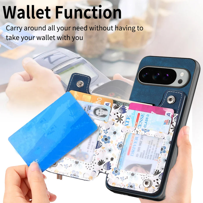 For Google Pixel 10 Pro XL Leather Phone Cover with RFID Blocking Zipper Card Bag Kickstand - Blue - 6