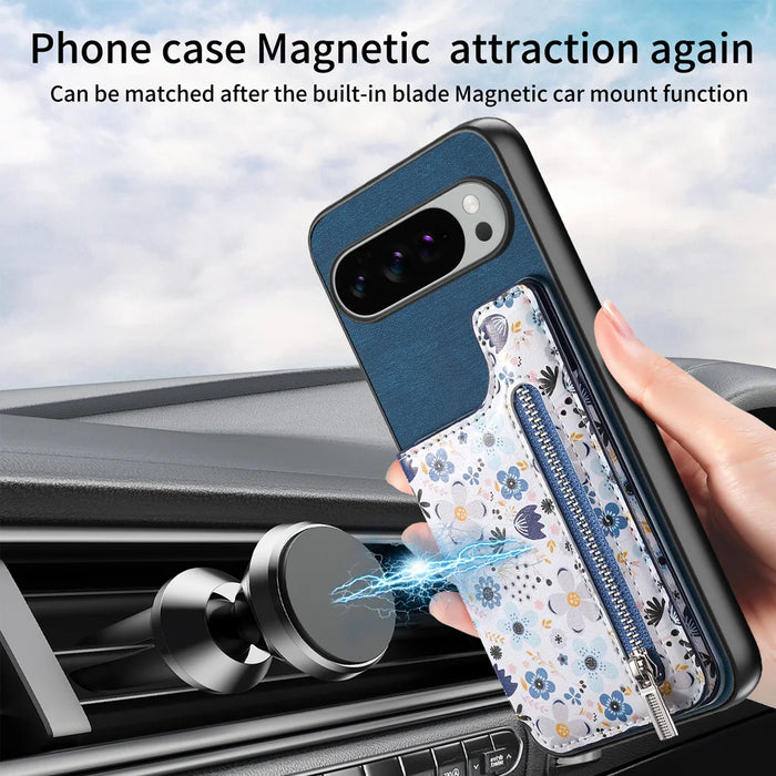 For Google Pixel 10 Pro XL Leather Phone Cover with RFID Blocking Zipper Card Bag Kickstand - Blue - 7
