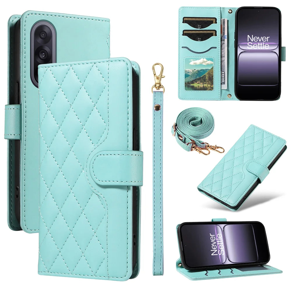 For OnePlus Nord 5 5G / OnePlus Ace 5 Ultra 5G Wallet Case Rhombus Leather Phone Cover with Strap - Green - 1
