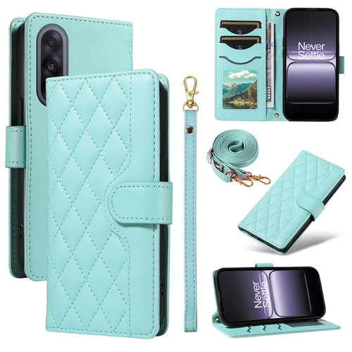 For OnePlus Nord 5 5G / OnePlus Ace 5 Ultra 5G Wallet Case Rhombus Leather Phone Cover with Strap - Green - 1