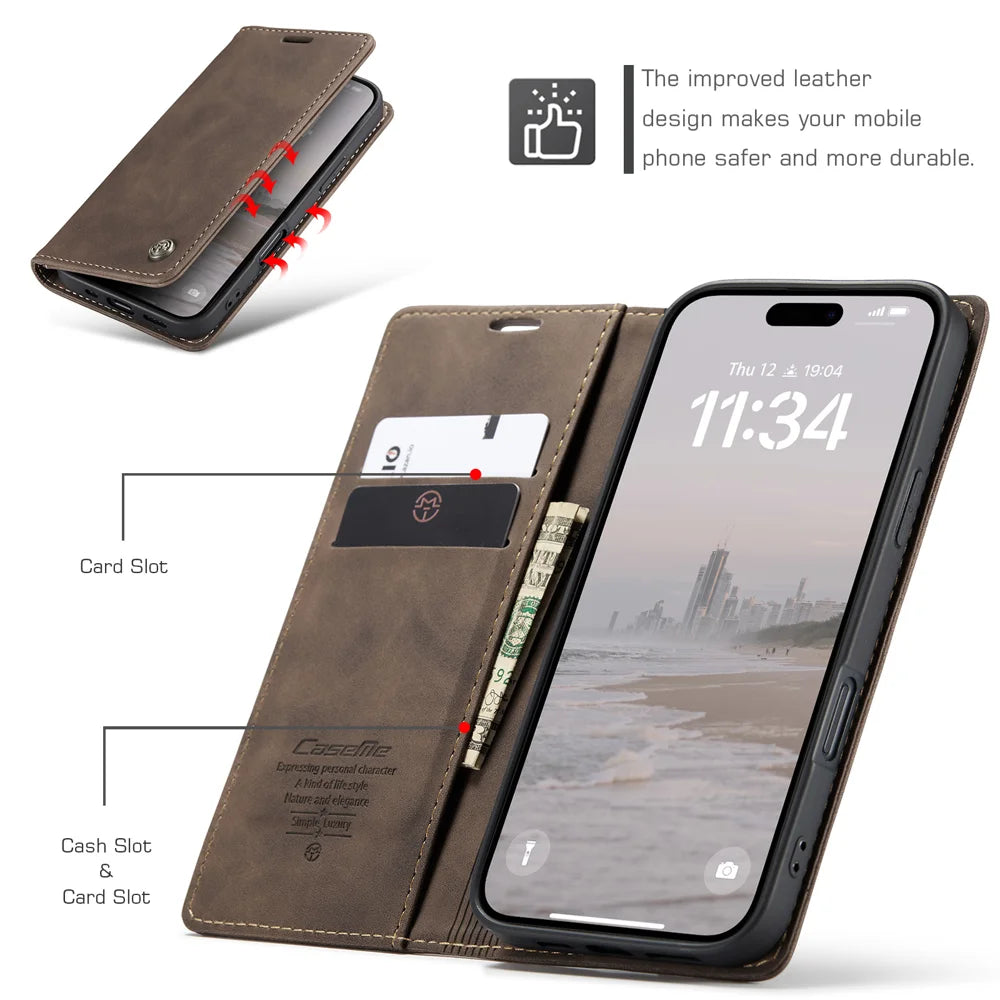 CASEME For iPhone 17 Wallet Case  013 Series PU Leather Phone Cover Stand - Coffee - 3