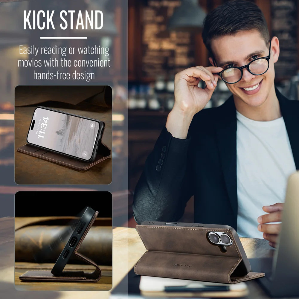 CASEME For iPhone 17 Wallet Case  013 Series PU Leather Phone Cover Stand - Coffee - 5