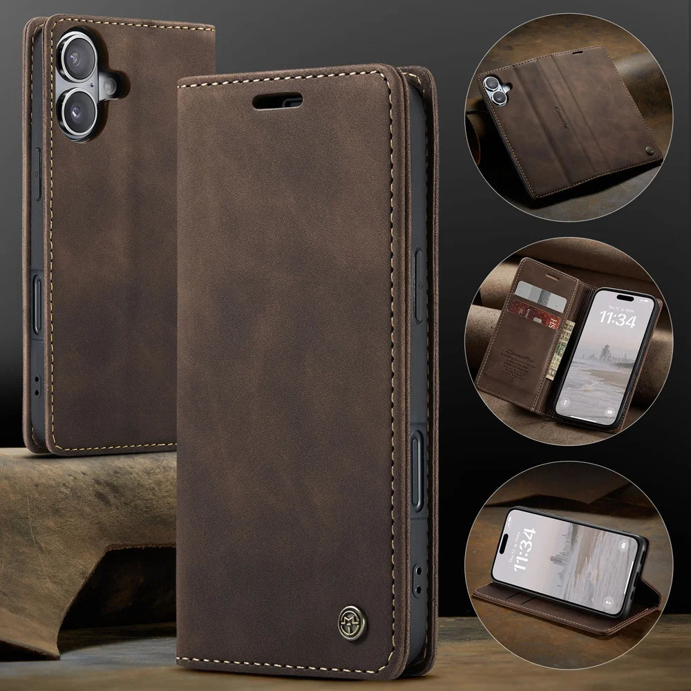 CASEME For iPhone 17 Wallet Case  013 Series PU Leather Phone Cover Stand - Coffee - 7