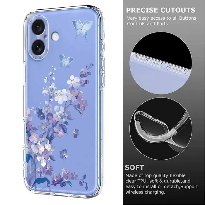For iPhone 16 Case Butterfly Floral Pattern Printing TPU Phone Back Cover - Violets - 6