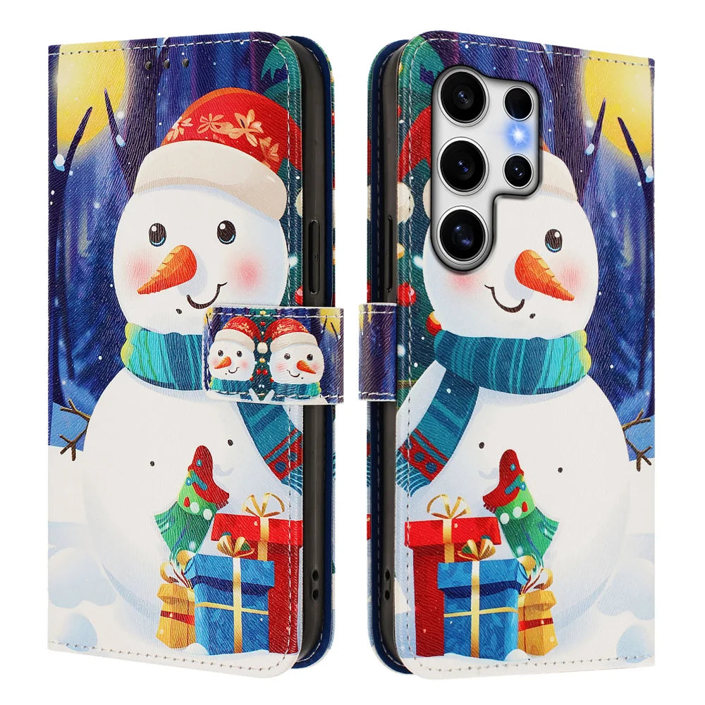 For Samsung Galaxy S25 Ultra Wallet Case Christmas Pattern Printing Leather Phone Cover with Lanyard - Gift Box Snowman - 1