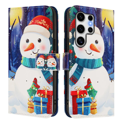For Samsung Galaxy S25 Ultra Wallet Case Christmas Pattern Printing Leather Phone Cover with Lanyard - Gift Box Snowman - 1